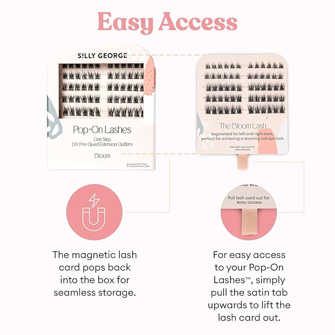 Silly George Pop-On Lashes - DIY 1-Step Pre-Glued Faux Eyelash Clusters, Natural Look Extensions, Black - Bloom, 5-7 Pair Set, Pack of 60 Clusters