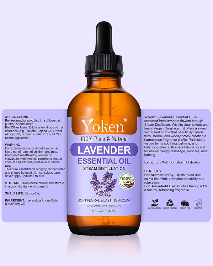 Lavender Essential Oil, 4 Fl Oz, 100% Pure and Natural, Premium Grade Lavender Oils with Glass Dropper for Diffusers, Aromatherapy, Candle & Soap Making, Massage
