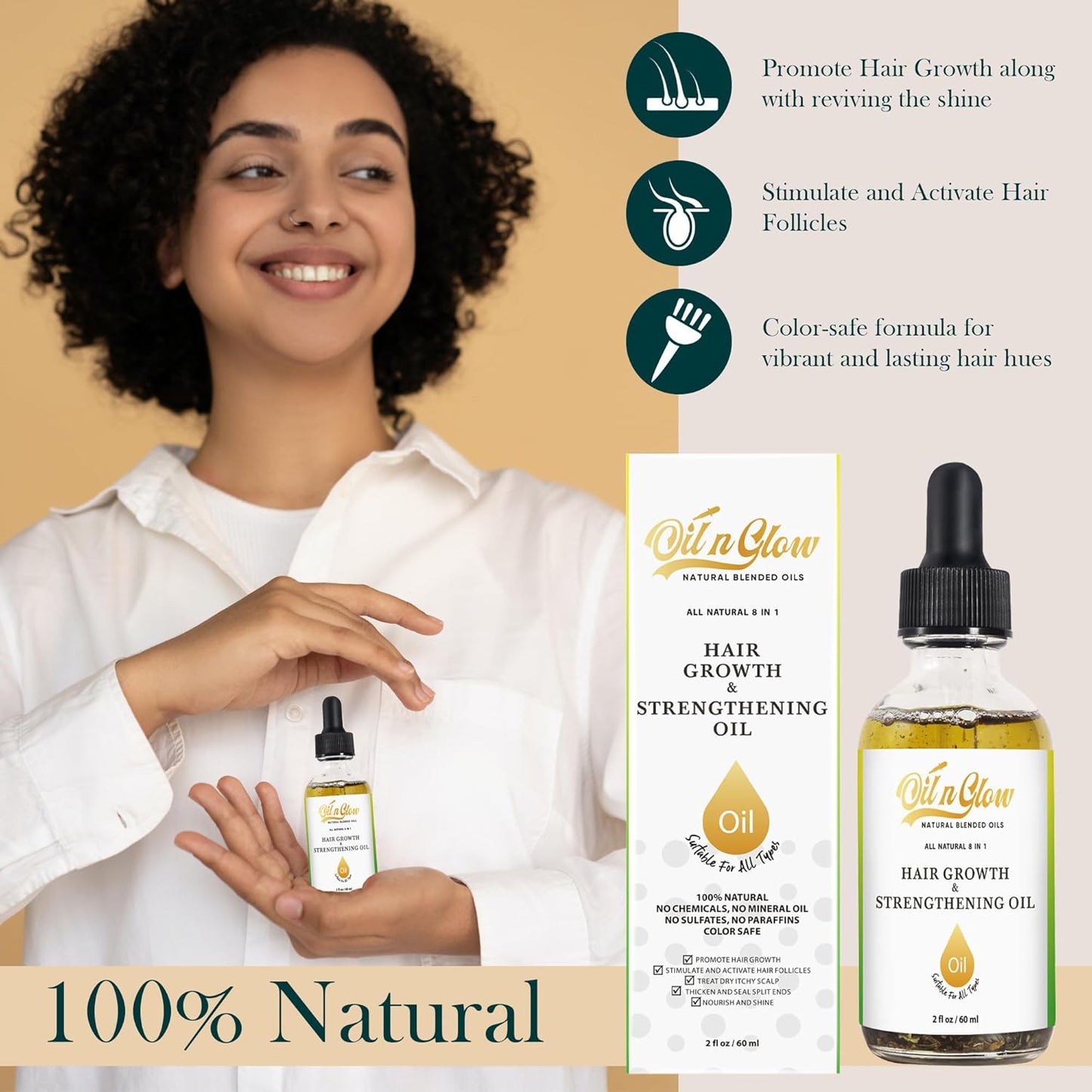USDA Certified Organic 8 in 1 Natural Hair Growth Serum & Strengthening Oil with Rosemary, Castor, 100% Vegan Jojoba, Coconut, Grape Seed, Ginger & Scalp DHT Blocker Oil -2 FL