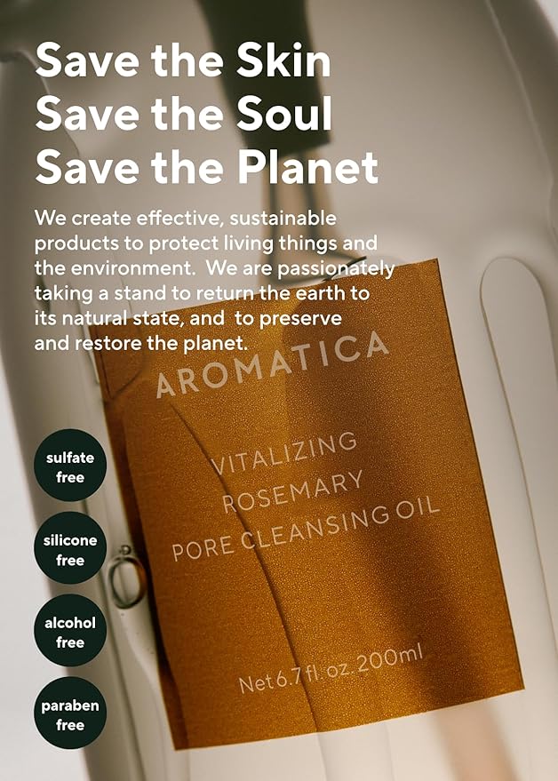 AROMATICA Vitalizing Rosemary Pore Cleansing Oil – Double Cleanser & Makeup Remover, Oil-Based for Gentle Sebum Control with Fermented Moringa & Essential Oils (6.7 fl oz./200ml)