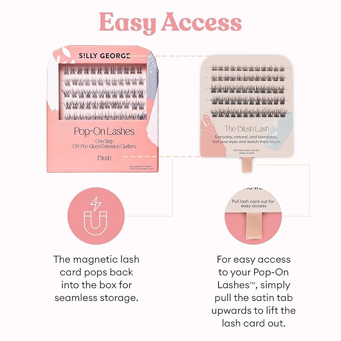 Silly George Pop-On Lashes - DIY 1-Step Pre-Glued Faux Eyelash Clusters, Natural Look Extensions, Black - Blush, 5-7 Pair Set, Pack of 60 Clusters