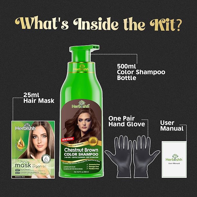 Herbishh Hair Color Shampoo for Gray Hair – Natural Hair Dye Shampoo – Colors Hair in Minutes – Lasts Up To 3-4 Weeks – 500 Ml – 3-In-1 Hair Color – Ammonia-Free | Herbishh (Chestnut Brown)