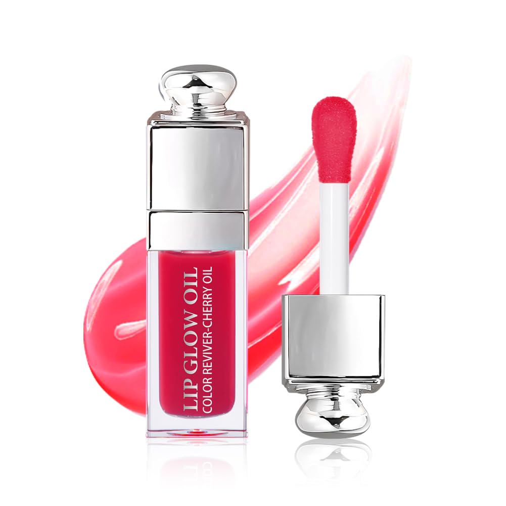 Hydrating Lip Glow Oil, Lip Oil Gloss Transparent Toot Tinted Nourishing Long Lasting Repairing Lightening Lip Lines (STRAWBERRY) 0.2 OZ