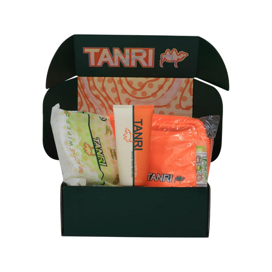 TANRI Primo Explorer Pack; Includes SPF50+ Sunscreen Lotion with Zero White Cast, Active Wipes No-Rinse Body Wipes, Moisturizing SPF15 Pear Lip Balm and an Adjustable Fanny Pack (4-Pack Bundle)
