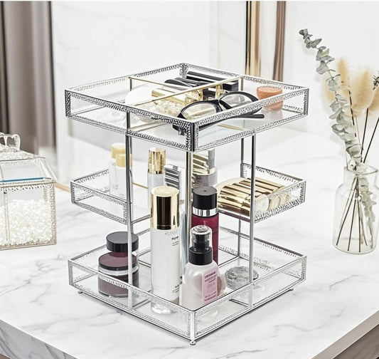 Hersoo 360 Degree Rotation Cosmetic Organizer -Premium Makeup Storage with Spin Base,Antique Countertop Cosmetic Storage,Large Capacity,Beauty Display for Countertop,Vanity or Bathroom (silver)