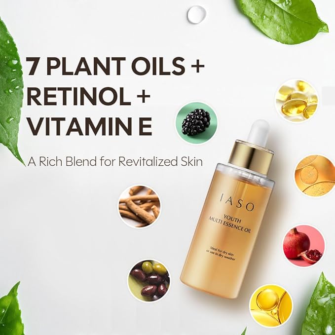 IASO Youth Multi Essence Oil | Korean Face & Body Oil with Retinol, Jojoba, Rosehip & Squalane | Lightweight Hydration & Radiance Boost for All Skin Types, 1 oz