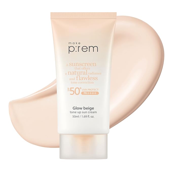 MAKE P:REM Glow Beige Tone Up Sunscreen, Foundation-Free Mineral Sun Care, Skin Tone Correction, Lightweight, Korean Sunscreen, Korean Skin Care, SPF 50, 1.69 fl.oz. (50ml)
