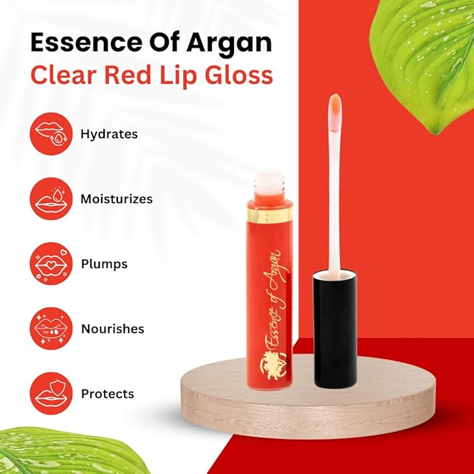 Essence Of Argan Clear Red Lip Gloss with Moroccan Argan Oil to Moisturize and Plump your Lips – Revitalized Lip Care to Eliminate Dryness - Clear Glossy Finish 0.25oz