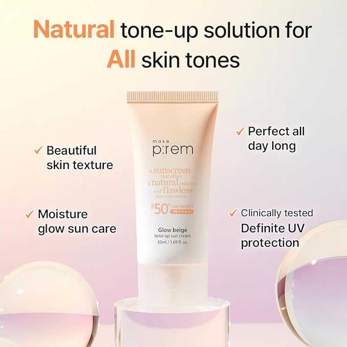 MAKE P:REM Glow Beige Tone Up Sunscreen, Foundation-Free Mineral Sun Care, Skin Tone Correction, Lightweight, Korean Sunscreen, Korean Skin Care, SPF 50, 1.69 fl.oz. (50ml)