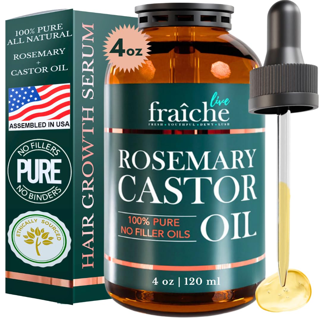 Live Fraiche Rosemary Castor Oil for Hair Growth 4 Ounce - Cold Pressed Castor Oil and Rosemary Oil for Damaged Hair to Reduce Hair Loss