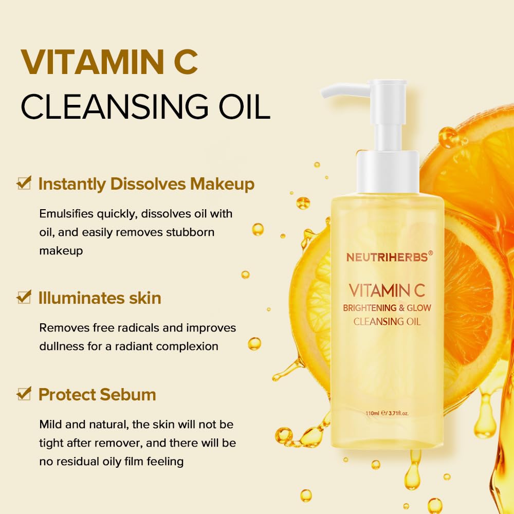 Neutriherbs Makeup Remover Oil Cleanser, Vitamin C Cleansing Oil for Long Last and Waterproof Makeup, Sunscreen, Fit All Skin Type - 3.71 Fl.Oz