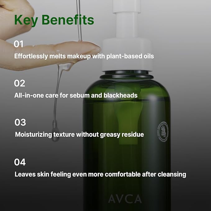 AVCA Green Herb Blackhead Cleansing Oil — Makeup & Blackhead Remover, Plant-Based Oils with Vitamin E & Squalane, Lightweight Pore Cleanser, Korean Skincare for Normal/Oily Skin, 6.76 fl oz (200 mL)