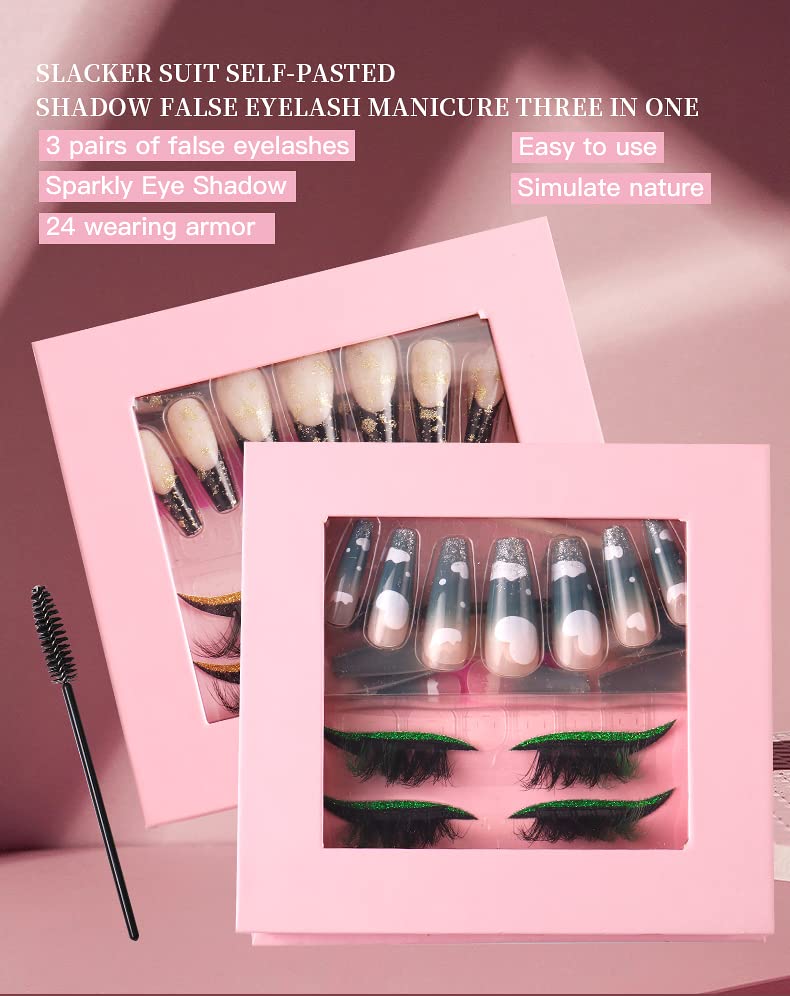HBZGTLAD 3 in1 color eyeline Press On Nail with Eyelash Packing Boxes Set Package Pink White DIY Lashes and Nail Suit Box 1set… (SET-51)