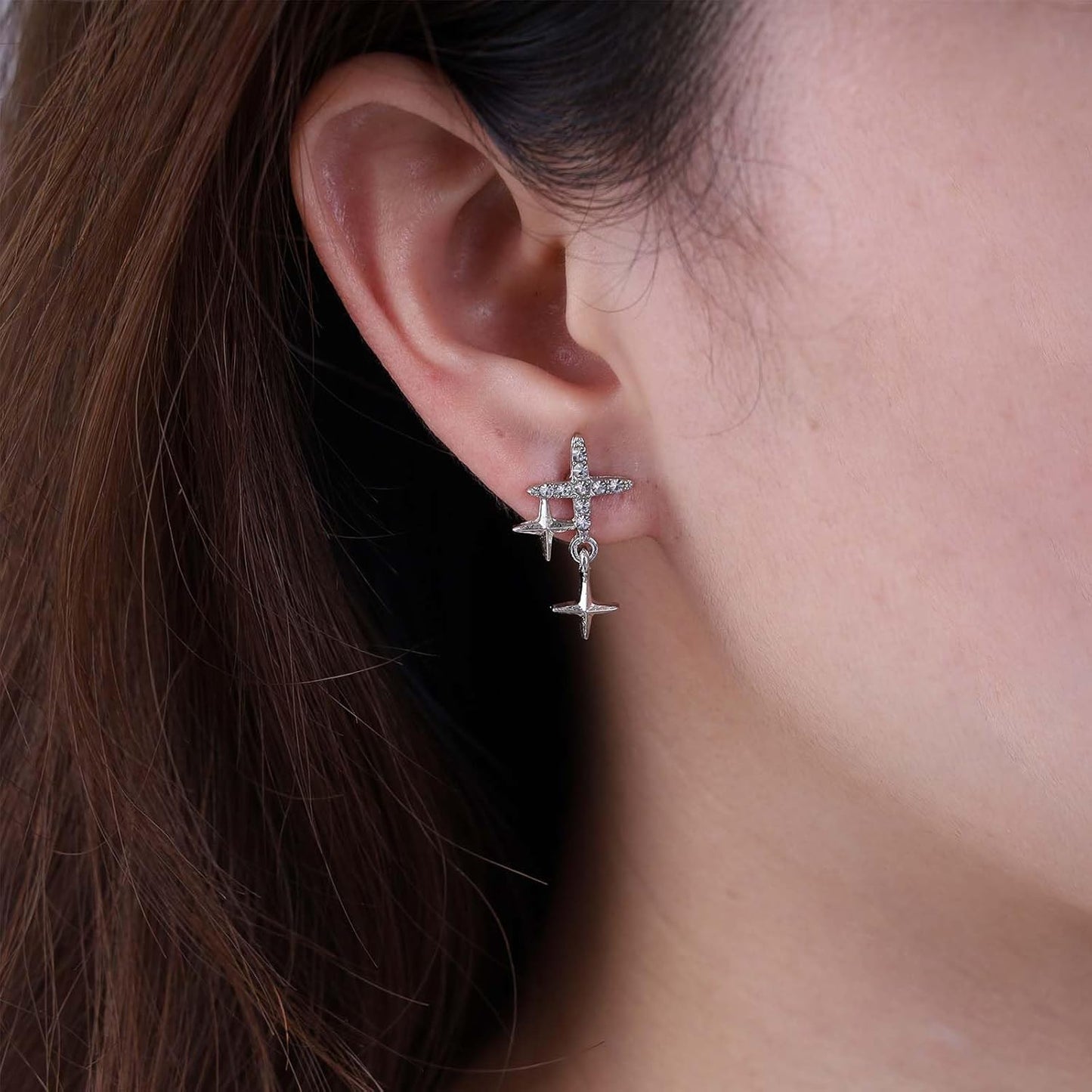 Punk Cross Star Dangle Drop Earrings Vintage Silver Hanging Rhinestone North Star Drop Earrings Minimalist Cross Star Dangle Huggie Small Hoop Earrings Jewelry for Women