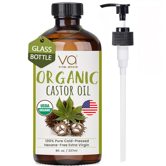 Castor Oil Organic Cold Pressed Unrefined Glass Bottle - USDA Certified Castor Oil For Hair Growth, Skin, Eyelashes, Eyebrows & Nails - 8 Fl Oz