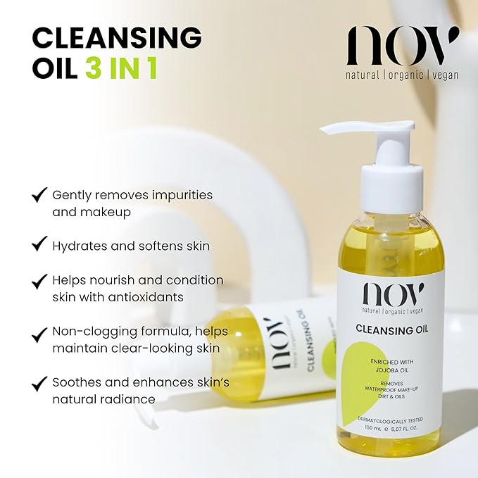 NOV Cleansing Oil - Facial Cleanser for Waterproof Make-Up - Non-Greasy Face Cleanser With Sweet Almond Oil for Hydration - All Skin Types - 5.07 oz