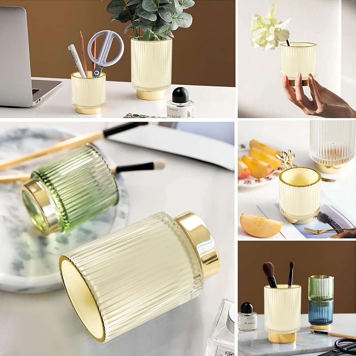 DASITON Makeup Brush holder Organizer,Crystal Cosmetic Makeup Brush Glass Brushes Storage Holder, Vintage Make Up Brush Cup Pen Pencil Holder striped vase(Cream L)