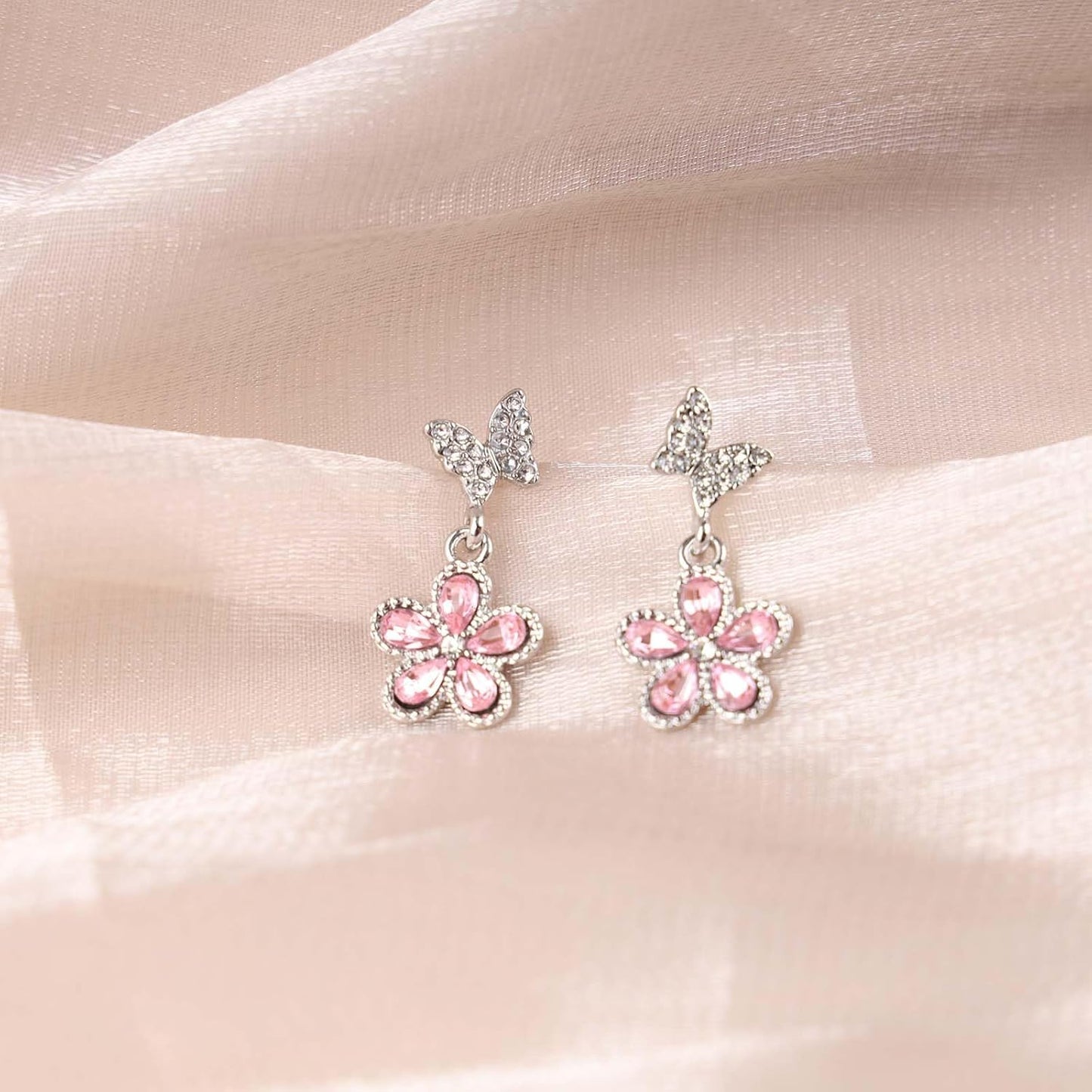 Vintage Pink Crystal Flower Earrings Butterfly Flower Drop Earrings Silver Rhinestone Butterfly Stud Earrings Pink Gemstone Butterfly Earrings Jewelry for Women