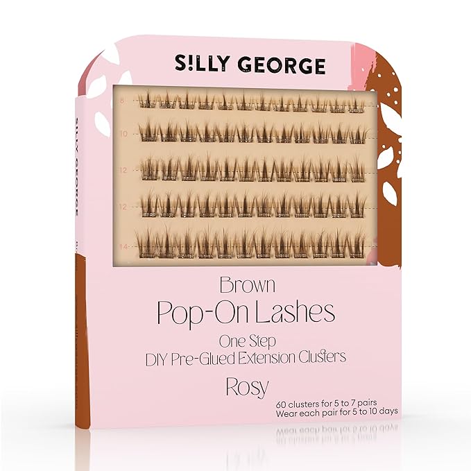 Silly George Pop-On Lashes - DIY 1-Step Pre-Glued Faux Eyelash Clusters, Natural Look Extensions, Brown - Rosy, 5-7 Pair Set, Pack of 60 Clusters