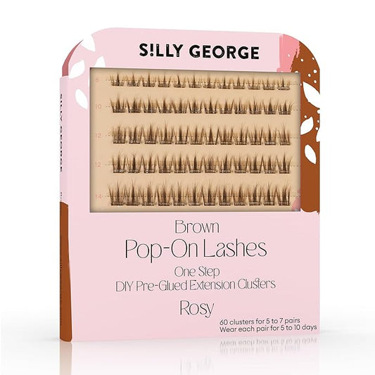 Silly George Pop-On Lashes - DIY 1-Step Pre-Glued Faux Eyelash Clusters, Natural Look Extensions, Brown - Rosy, 5-7 Pair Set, Pack of 60 Clusters