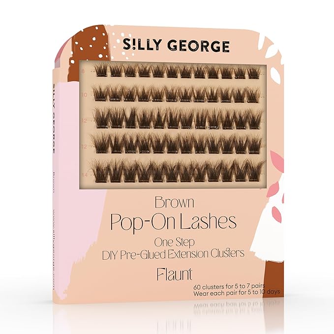 Silly George Pop-On Lashes - DIY 1-Step Pre-Glued Faux Eyelash Clusters, Natural Look Extensions, Brown - Flaunt, 5-7 Pair Set, Pack of 60 Clusters
