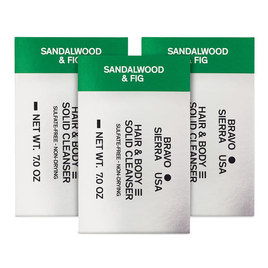 Bravo Sierra Sandalwood & Fig All-In-One Shampoo Bar for Face, Hair & Body - Coconut, Shea Butter & Oats for Soft Skin & Healthy Hair, 3-Pack, 7 oz