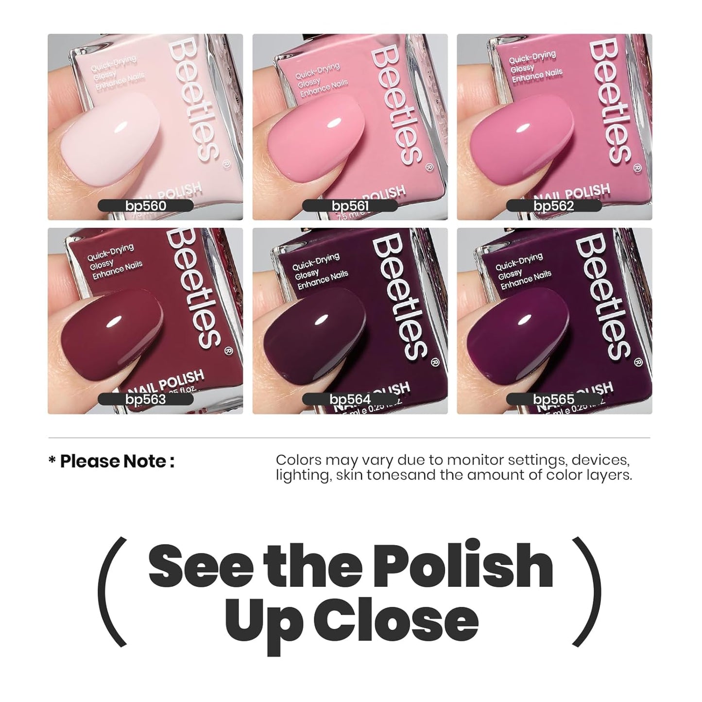 Beetles Nail Polish Set - Twilight Rose 6 Colors Quick Dry Baby Pink Burgundy Red Purple Plum High-Gloss Long-Lasting Nail Polish for DIY At-Home Manicure Fall Gift for Women