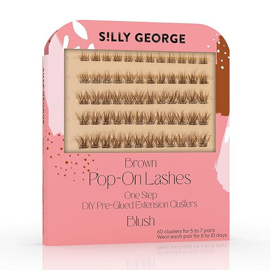 Silly George Pop-On Lashes - DIY 1-Step Pre-Glued Faux Eyelash Clusters, Natural Look Extensions, Brown - Blush, 5-7 Pair Set, Pack of 60 Clusters