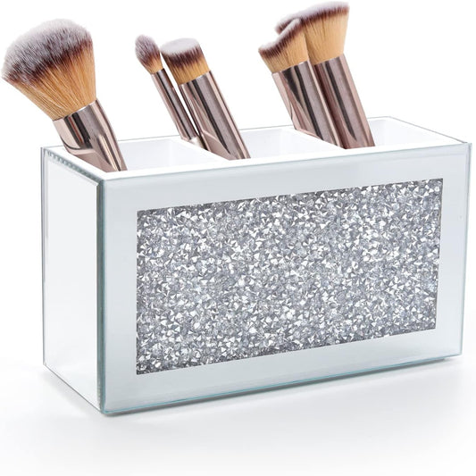 SWTHONY Silver Makeup Brush Holder Organizer, Bling 3 Slot Crushed Diamond Crystal Mirrored Cosmetic Brushes Storage, Eyeliners Eyebrow Pencil Display Case