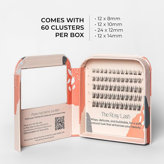 Silly George Pop-On Lashes - DIY 1-Step Pre-Glued Faux Eyelash Clusters, Natural Look Extensions, Black - Rosy, 5-7 Pair Set, Pack of 60 Clusters