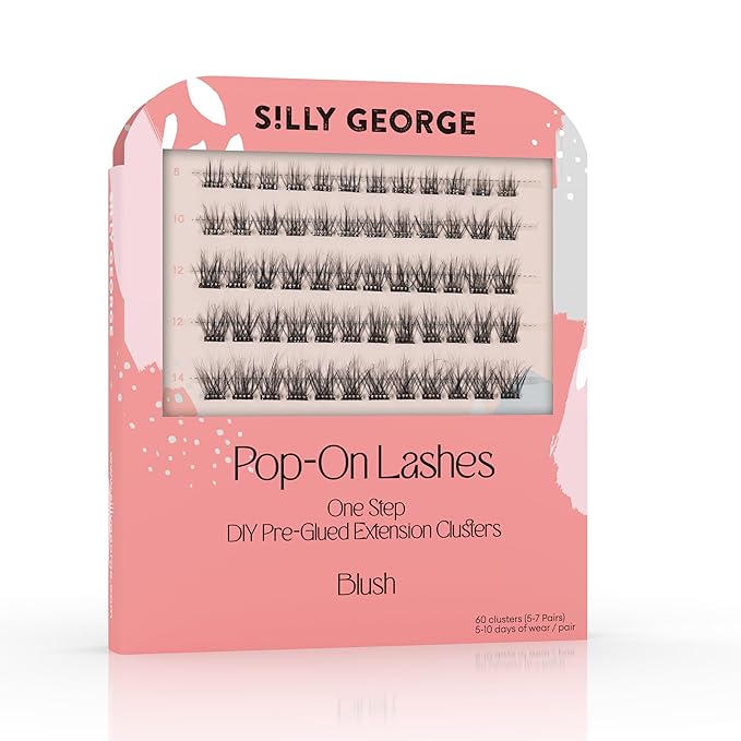Silly George Pop-On Lashes - DIY 1-Step Pre-Glued Faux Eyelash Clusters, Natural Look Extensions, Black - Blush, 5-7 Pair Set, Pack of 60 Clusters