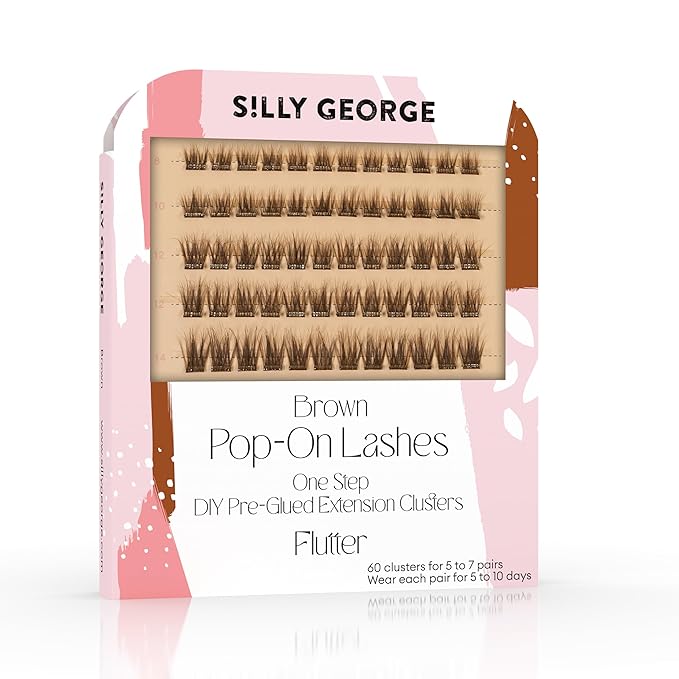 Silly George Pop-On Lashes - DIY 1-Step Pre-Glued Faux Eyelash Clusters, Natural Look Extensions, Brown - Flutter, 5-7 Pair Set, Pack of 60 Clusters