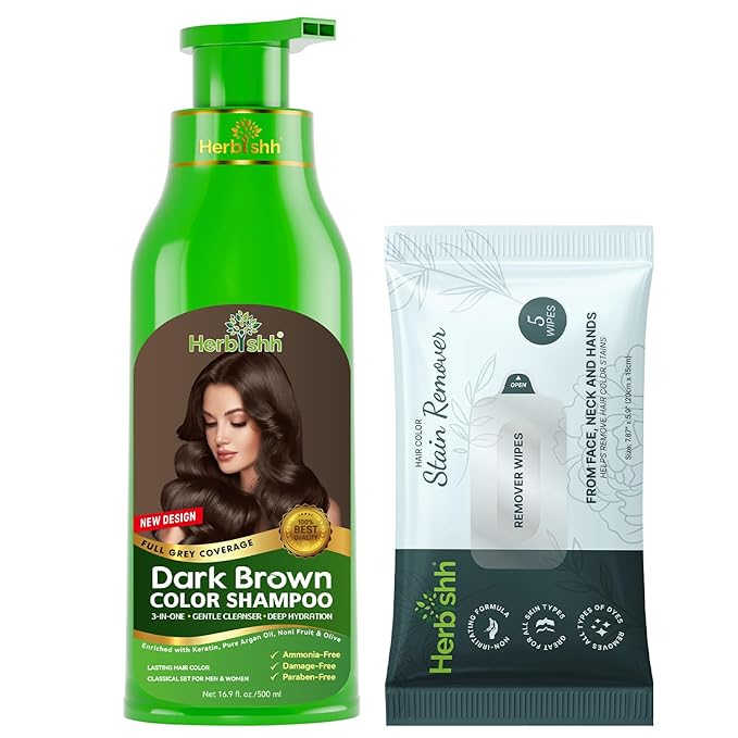 Hair Color Shampoo for Gray Hair, Dark Brown, 500ml with Color Stain Remover Wipes, Ammonia Free