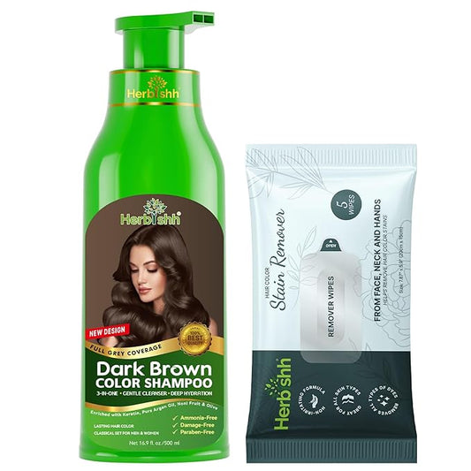 Hair Color Shampoo for Gray Hair, Dark Brown, 500ml with Color Stain Remover Wipes, Ammonia Free