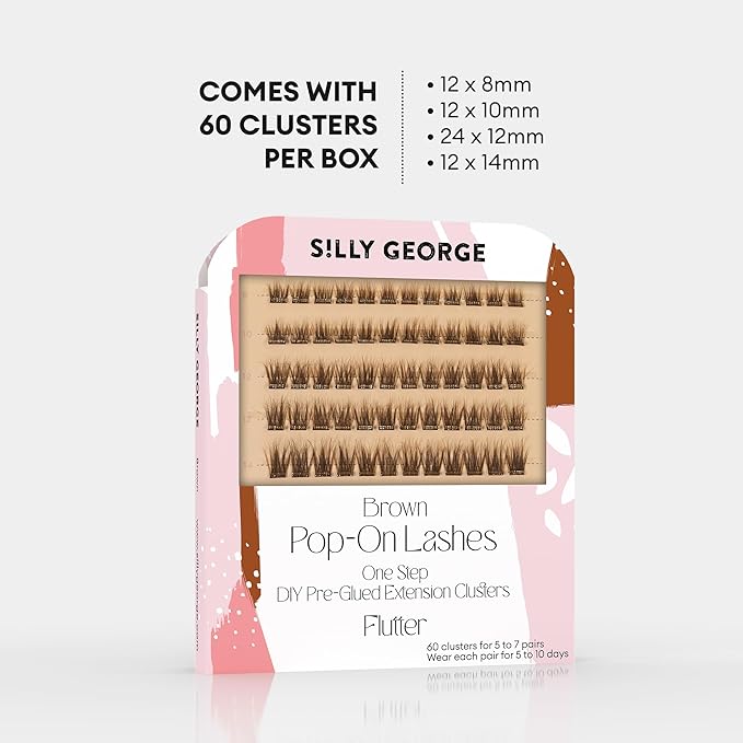 Silly George Pop-On Lashes - DIY 1-Step Pre-Glued Faux Eyelash Clusters, Natural Look Extensions, Brown - Flutter, 5-7 Pair Set, Pack of 60 Clusters