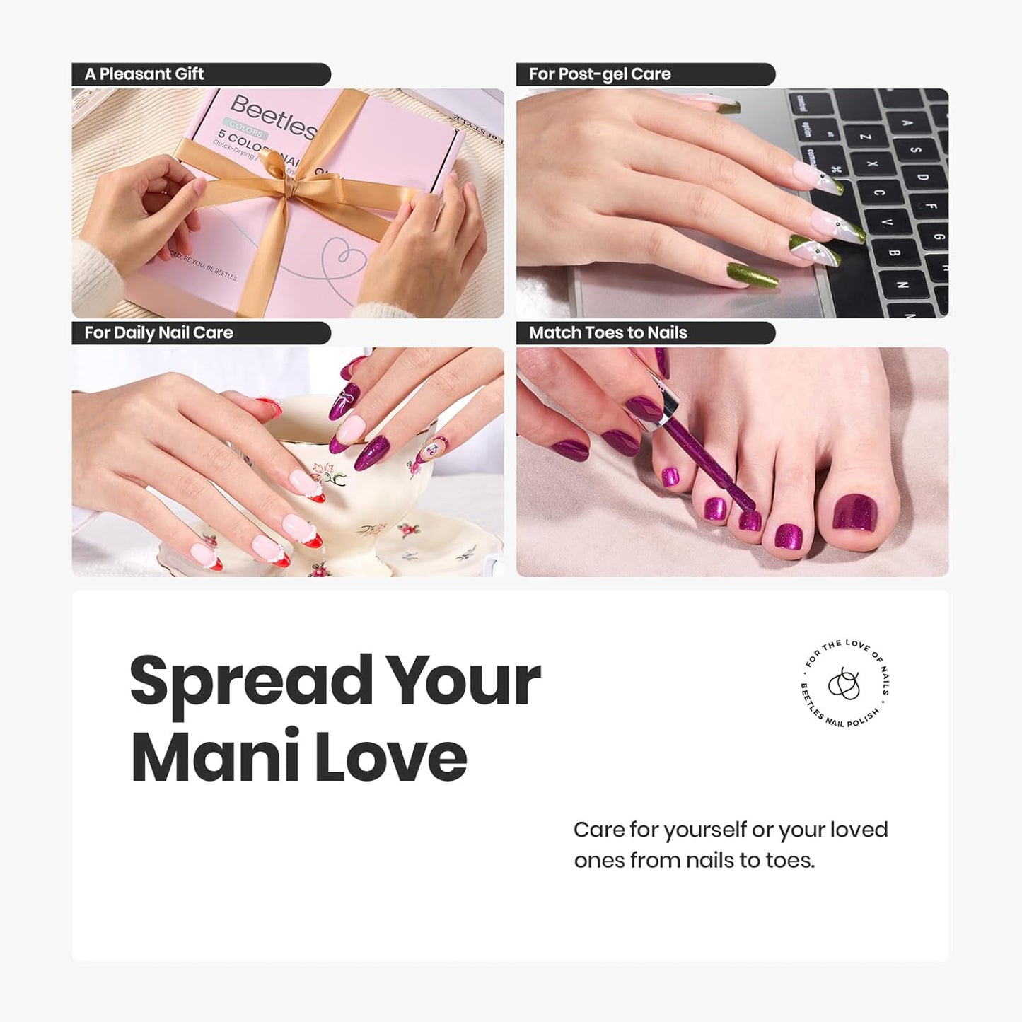 Beetles Glitter Nail Polish Set 7Pcs, Fast Drying & Long Lasting Red Blue Green Nail Polish with 2 IN 1 Base & Top Coat and Cuticle Serum 20ml, All-in-One Care 4th of July Nails Kit Gift Sets