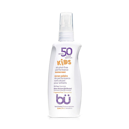 BU SPF 50 Kids Sunscreen Spray for Face and Body, Non Aerosol Spray, Fragrance Free, Clear, Non Greasy, Water Resistant, Fragrance Free 3.3 oz