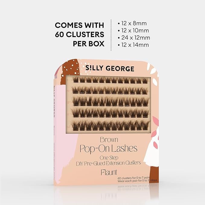 Silly George Pop-On Lashes - DIY 1-Step Pre-Glued Faux Eyelash Clusters, Natural Look Extensions, Brown - Flaunt, 5-7 Pair Set, Pack of 60 Clusters