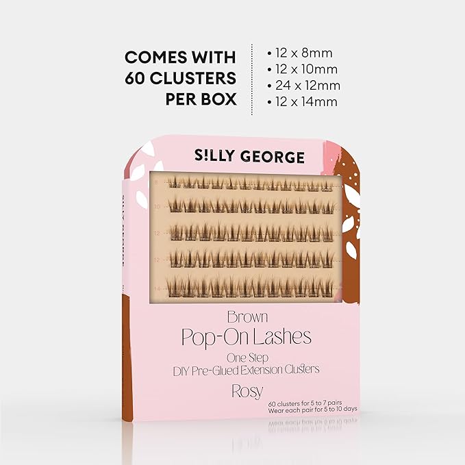 Silly George Pop-On Lashes - DIY 1-Step Pre-Glued Faux Eyelash Clusters, Natural Look Extensions, Brown - Rosy, 5-7 Pair Set, Pack of 60 Clusters