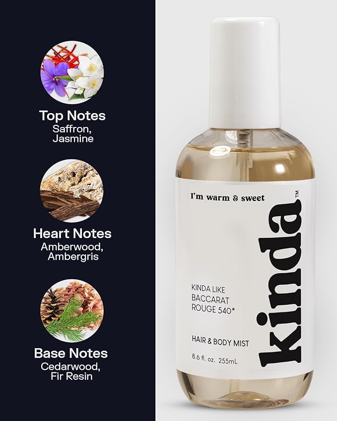 PB ParfumsBelcam KINDA I’m Warm & Sweet Hair & Body Mist – Our Version of Baccarat Rouge 540 – Woody Gourmand Floral Scent with Jasmine, Saffron, Cedarwood & Amber, Long-Lasting Mist, 8.6 fl.oz