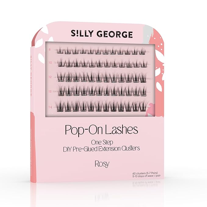 Silly George Pop-On Lashes - DIY 1-Step Pre-Glued Faux Eyelash Clusters, Natural Look Extensions, Black - Rosy, 5-7 Pair Set, Pack of 60 Clusters