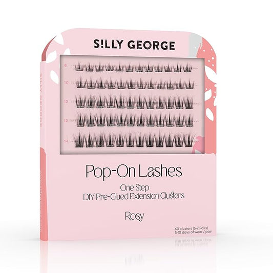 Silly George Pop-On Lashes - DIY 1-Step Pre-Glued Faux Eyelash Clusters, Natural Look Extensions, Black - Rosy, 5-7 Pair Set, Pack of 60 Clusters