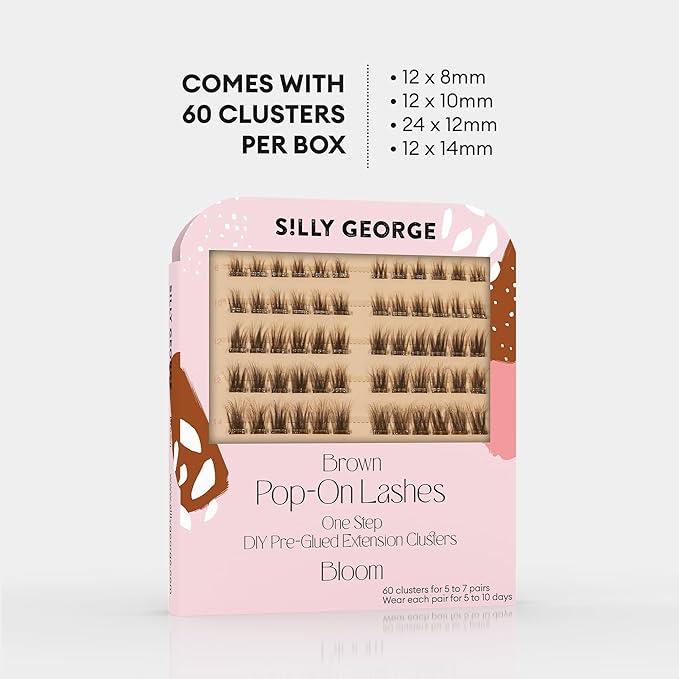 Silly George Pop-On Lashes - DIY 1-Step Pre-Glued Faux Eyelash Clusters, Natural Look Extensions, Brown - Bloom, 5-7 Pair Set, Pack of 60 Clusters