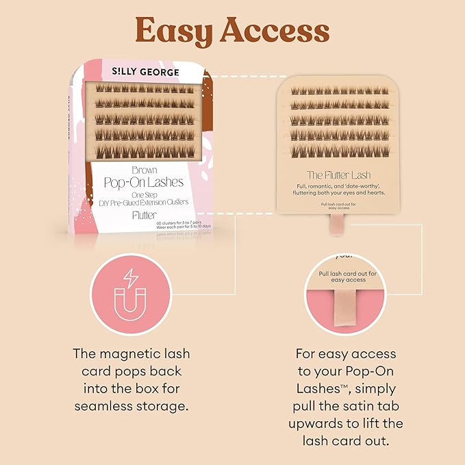 Silly George Pop-On Lashes - DIY 1-Step Pre-Glued Faux Eyelash Clusters, Natural Look Extensions, Brown - Flutter, 5-7 Pair Set, Pack of 60 Clusters