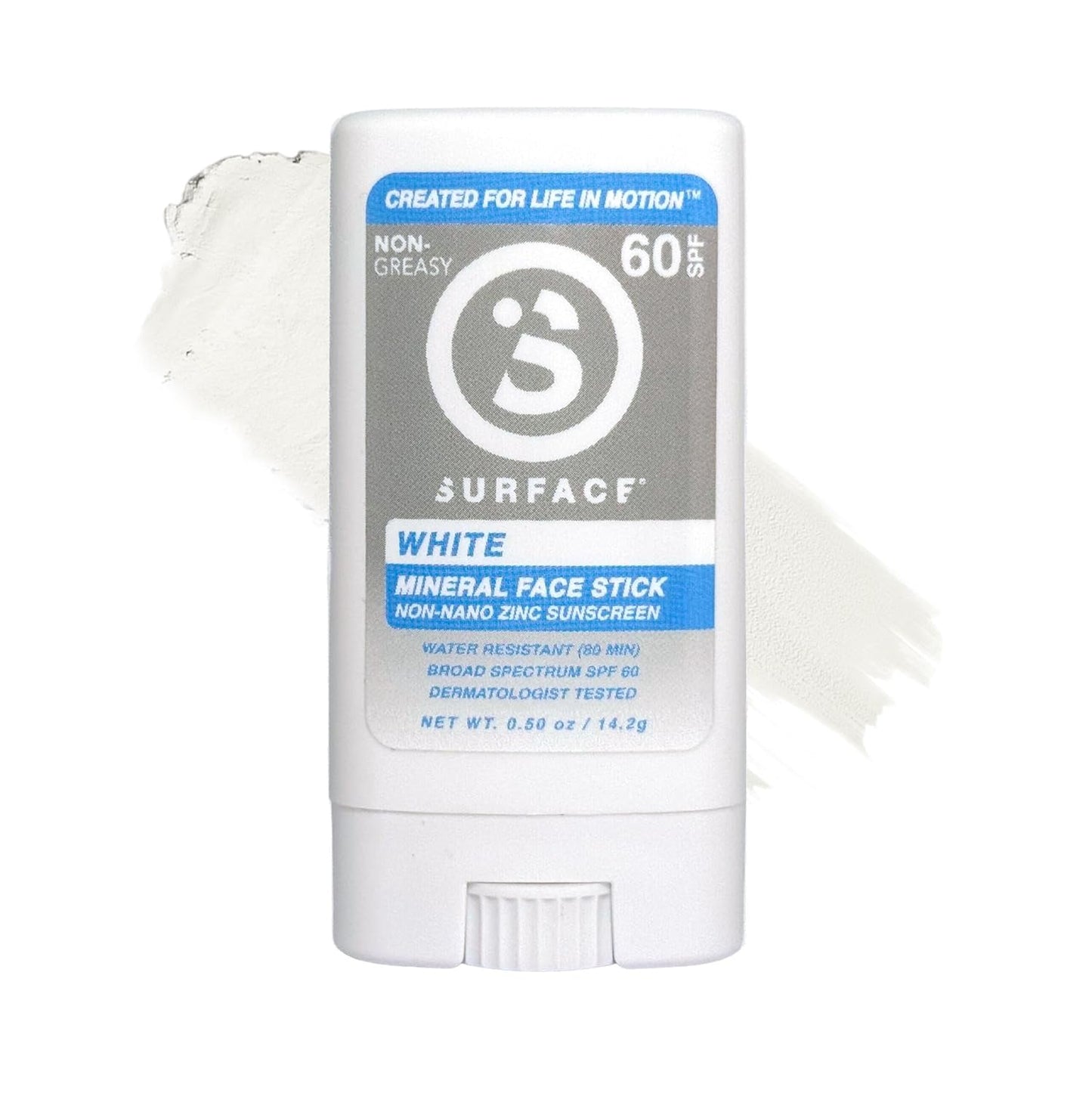 Surface Mineral Sunscreen Face Stick SPF 60, Lightweight Non-Nano Zinc Oxide Formula, Reef Friendly, Broad Spectrum UVA UVB Protection, Water Resistant Sun Care for 80 Minutes, Clear, 0.5oz
