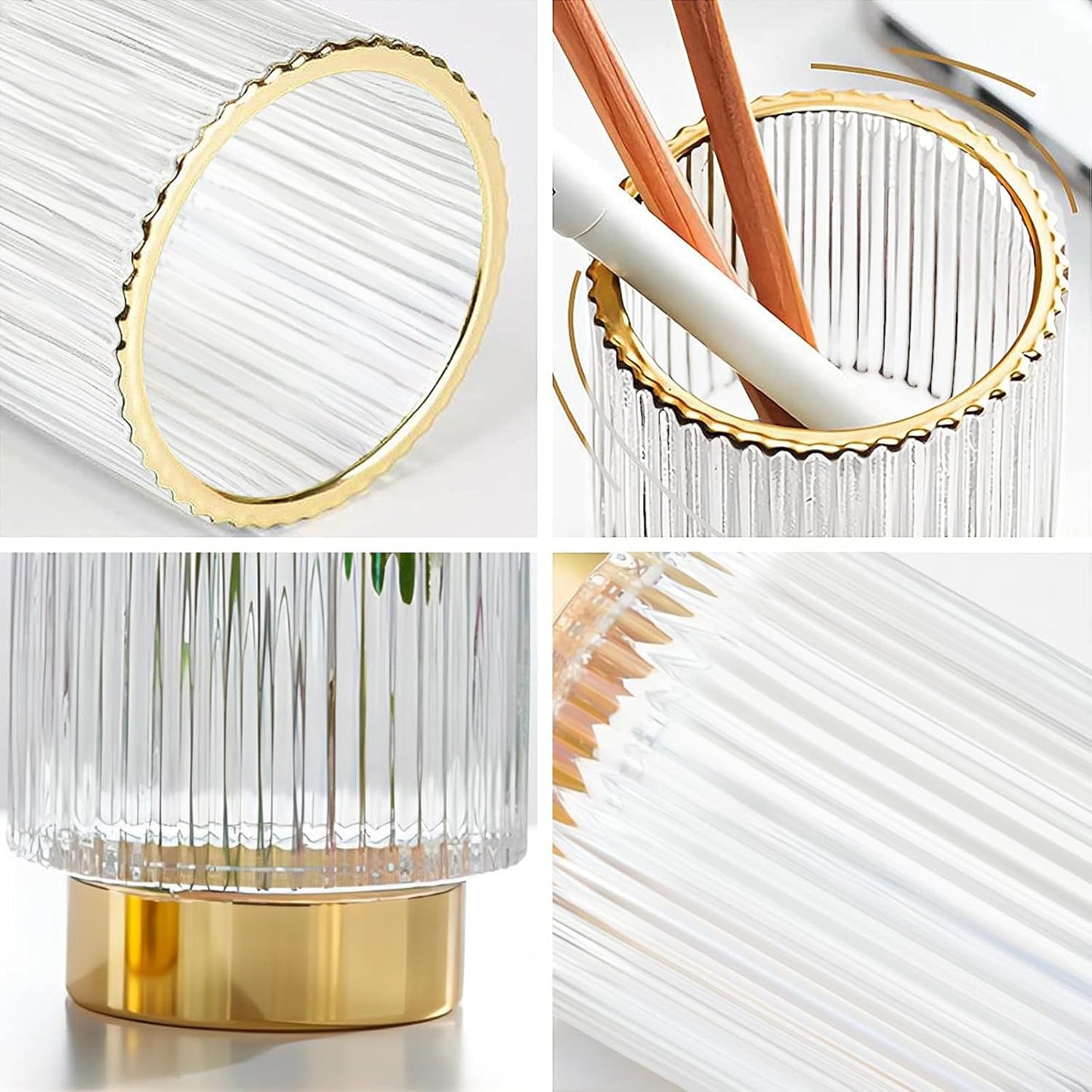 DASITON Makeup Brush holder Organizer,Crystal Cosmetic Makeup Brush Glass Brushes Storage Holder, Vintage Make Up Brush Cup Pen Pencil Holder striped vase(Clear S)