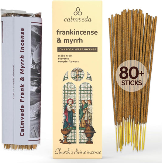 Church Frankincense and Myrrh Incense - (80 Sticks) Charcoal Free Incense, Made from upcycled Flowers | Used as Spiritual Healing Incense in Church (Handmade Olibanum Incense)