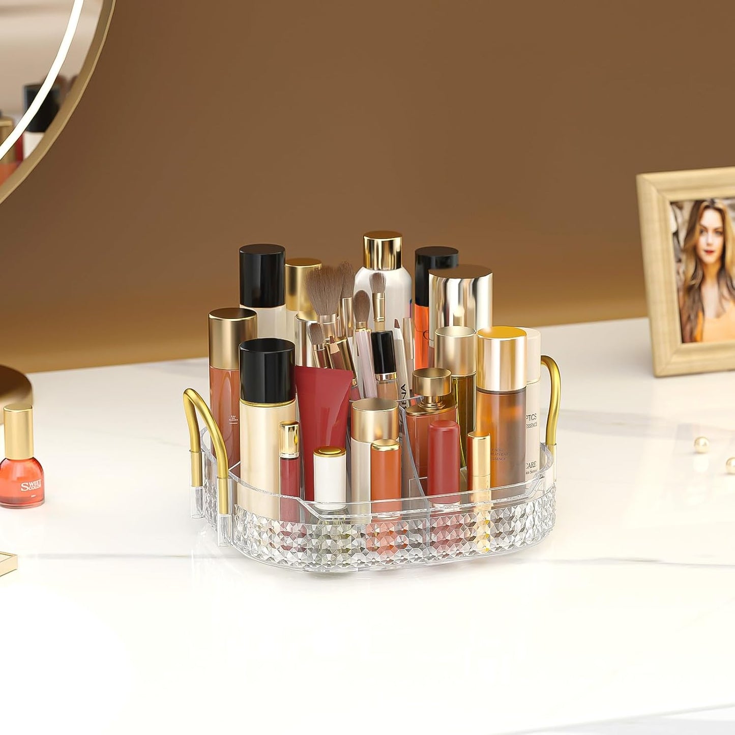 Awenia Rotating Makeup Organizer 360, Stackable Adjustable Large Capacity Cosmetic Storage Unit,Dresser Bathroom Kitchen Countertop Organizer with Metal Handle, Plus Size (Clear, 1 Tier)