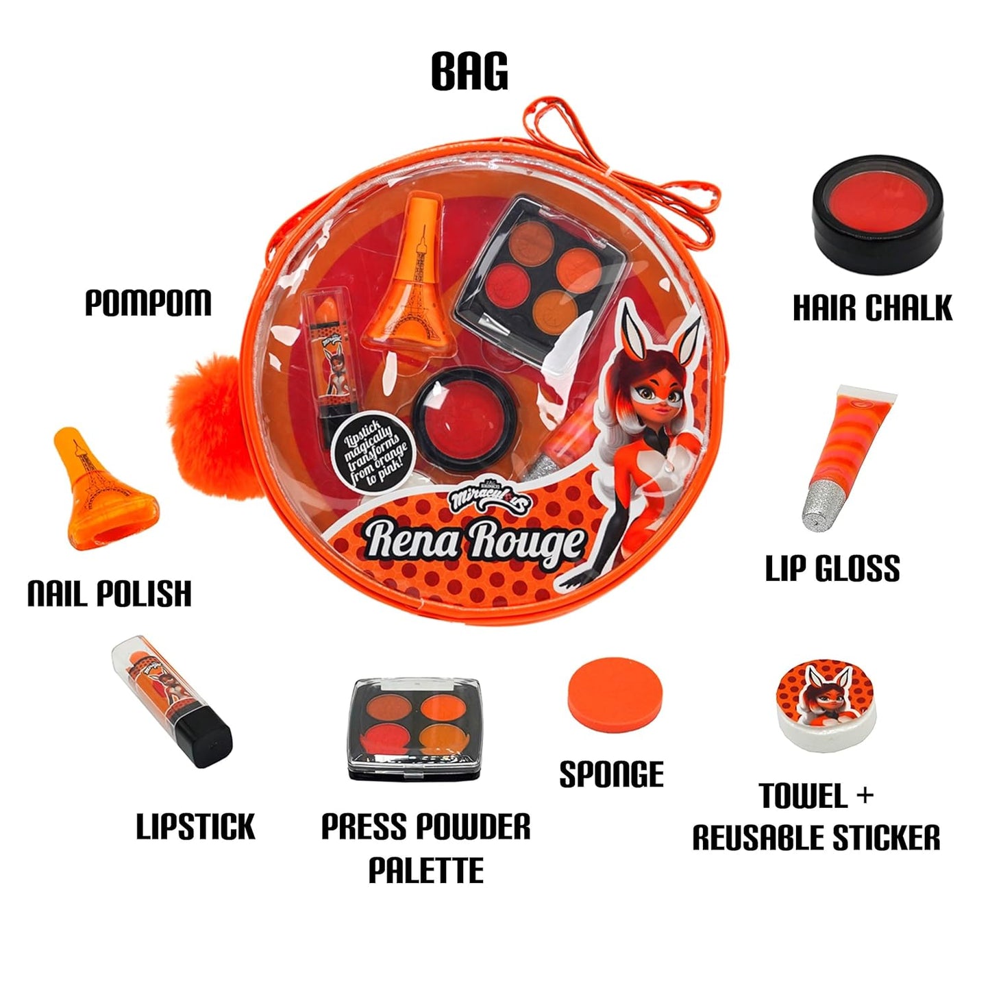 Miraculous Ladybug Kids Makeup Set - 10 Piece Bag with Nail Polish, Hair Chalk, Stickers & More - Safe, Non-Toxic Pretend Play Cosmetics - Rena Rouge Themed Makeup Kit for Children