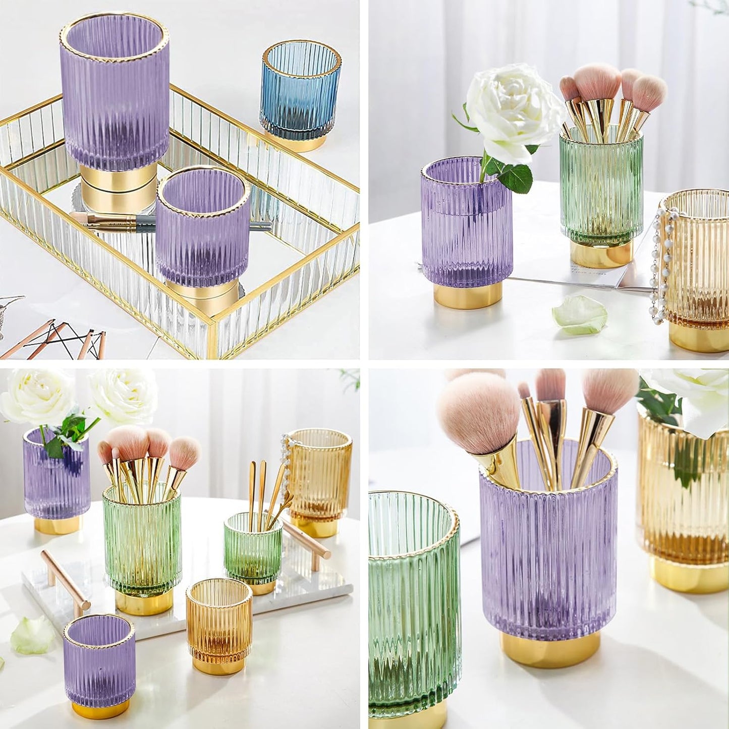 DASITON Makeup Brush holder Organizer,Crystal Cosmetic Makeup Brush Glass Brushes Storage Holder, Vintage Make Up Brush Cup Pen Pencil Holder striped vase(Purple S)